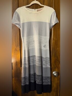 Philosophy Striped Short-Sleeve Midi Dress in White and Gray